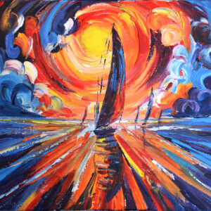 Original painting sailboat sunset seascape