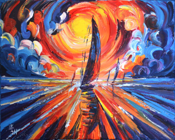 Original painting sailboat sunset seascape
