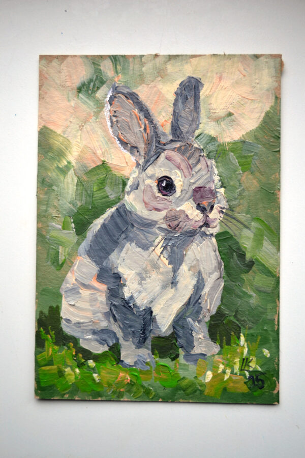 One-of-a-kind acrylic painting "Gray Rabbit Portrait" by Lada Kholosho (2025). Perfect for wildlife art lovers and collectors. Ships worldwide.