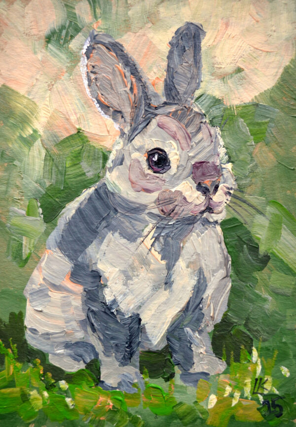 One-of-a-kind acrylic painting "Gray Rabbit Portrait" by Lada Kholosho (2025). Perfect for wildlife art lovers and collectors. Ships worldwide.