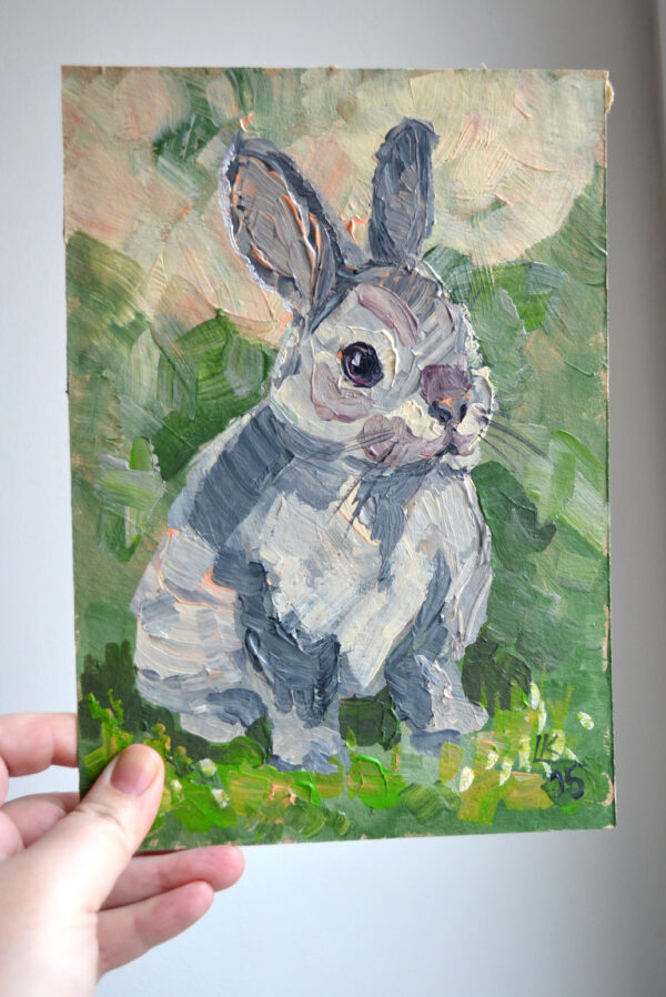 One-of-a-kind acrylic painting "Gray Rabbit Portrait" by Lada Kholosho (2025). Perfect for wildlife art lovers and collectors. Ships worldwide.