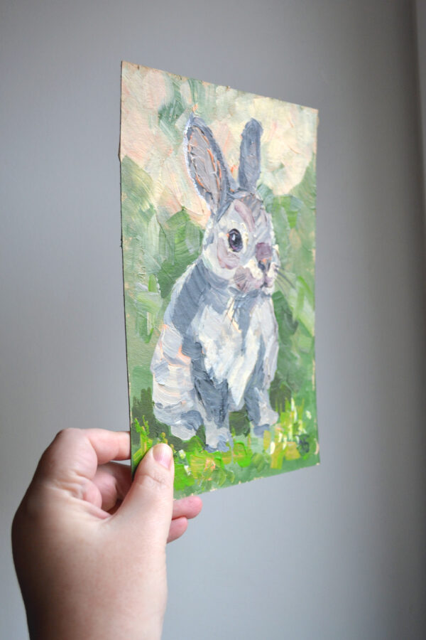One-of-a-kind acrylic painting "Gray Rabbit Portrait" by Lada Kholosho (2025). Perfect for wildlife art lovers and collectors. Ships worldwide.