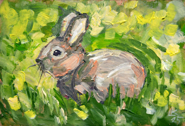One-of-a-kind acrylic painting "Spring Meadow Rabbit" by Lada Kholosho (2025). Perfect for wildlife art lovers and collectors. Ships worldwide.