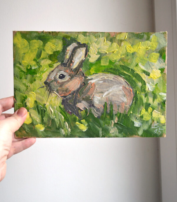 One-of-a-kind acrylic painting "Spring Meadow Rabbit" by Lada Kholosho (2025). Perfect for wildlife art lovers and collectors. Ships worldwide.