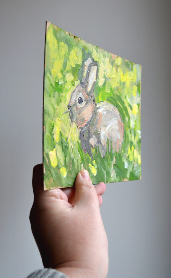 One-of-a-kind acrylic painting "Spring Meadow Rabbit" by Lada Kholosho (2025). Perfect for wildlife art lovers and collectors. Ships worldwide.