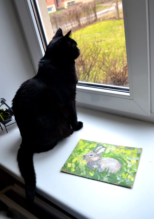One-of-a-kind acrylic painting "Spring Meadow Rabbit" by Lada Kholosho (2025). Perfect for wildlife art lovers and collectors. Ships worldwide.
