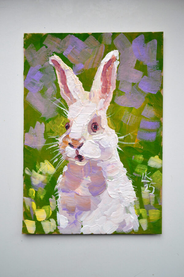 One-of-a-kind acrylic painting "White Rabbit Portrait" by Lada Kholosho (2025). Perfect for wildlife art lovers and collectors. Ships worldwide.