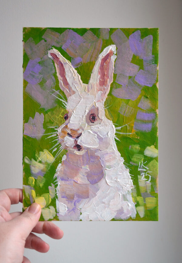 One-of-a-kind acrylic painting "White Rabbit Portrait" by Lada Kholosho (2025). Perfect for wildlife art lovers and collectors. Ships worldwide.