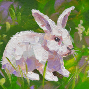 One-of-a-kind acrylic painting "White Rabbit in Blooming Meadow" by Lada Kholosho (2025). Perfect for wildlife art lovers and collectors. Ships worldwide.