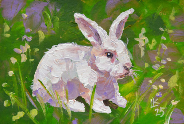 One-of-a-kind acrylic painting "White Rabbit in Blooming Meadow" by Lada Kholosho (2025). Perfect for wildlife art lovers and collectors. Ships worldwide.