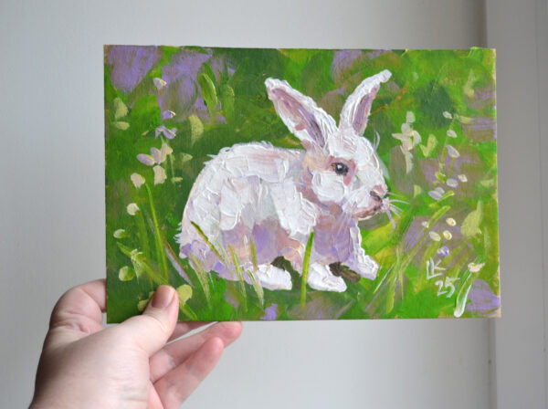 One-of-a-kind acrylic painting "White Rabbit in Blooming Meadow" by Lada Kholosho (2025). Perfect for wildlife art lovers and collectors. Ships worldwide.
