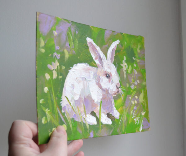 One-of-a-kind acrylic painting "White Rabbit in Blooming Meadow" by Lada Kholosho (2025). Perfect for wildlife art lovers and collectors. Ships worldwide.
