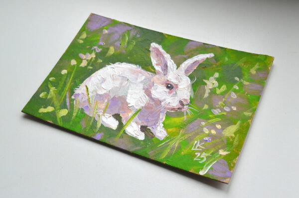 One-of-a-kind acrylic painting "White Rabbit in Blooming Meadow" by Lada Kholosho (2025). Perfect for wildlife art lovers and collectors. Ships worldwide.