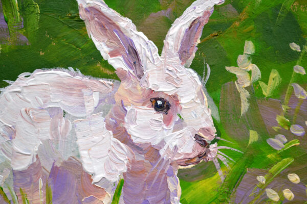 One-of-a-kind acrylic painting "White Rabbit in Blooming Meadow" by Lada Kholosho (2025). Perfect for wildlife art lovers and collectors. Ships worldwide.