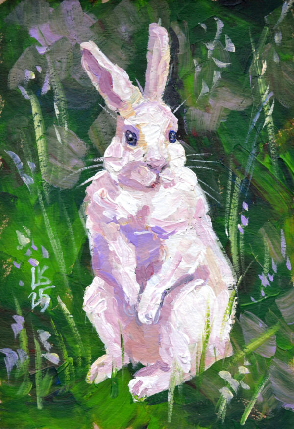 One-of-a-kind acrylic painting "Attentive White Rabbit in the Meadow" by Lada Kholosho (2025). Perfect for wildlife art lovers and collectors. Ships worldwide.