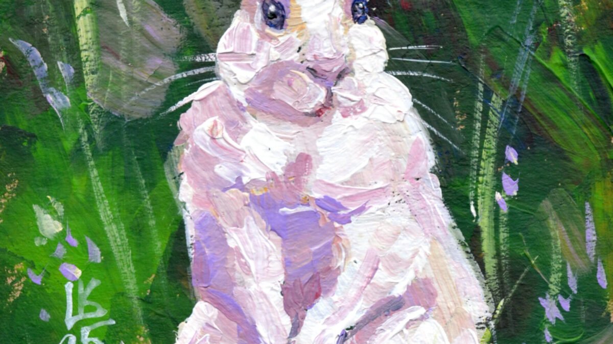 Attentive White Rabbit in the Meadow. Acrylic on cardboard. – Lada