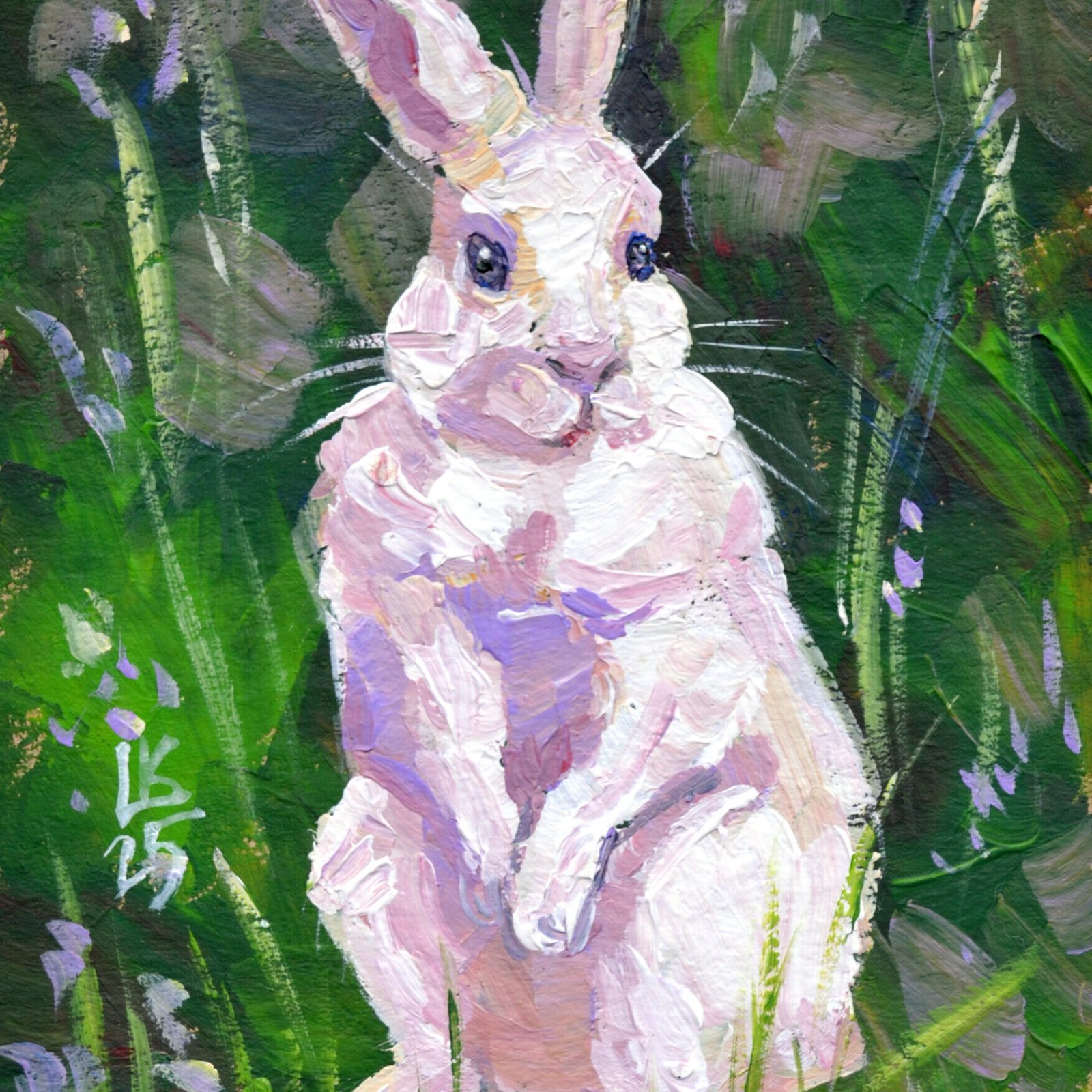 Attentive White Rabbit in the Meadow. Acrylic on cardboard. – Lada
