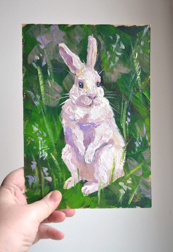 One-of-a-kind acrylic painting "Attentive White Rabbit in the Meadow" by Lada Kholosho (2025). Perfect for wildlife art lovers and collectors. Ships worldwide.