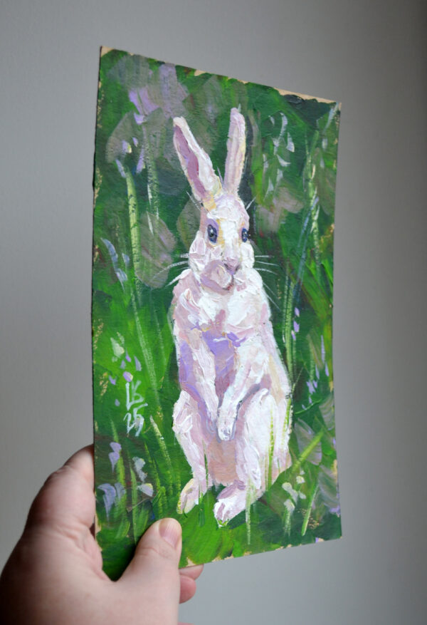 One-of-a-kind acrylic painting "Attentive White Rabbit in the Meadow" by Lada Kholosho (2025). Perfect for wildlife art lovers and collectors. Ships worldwide.