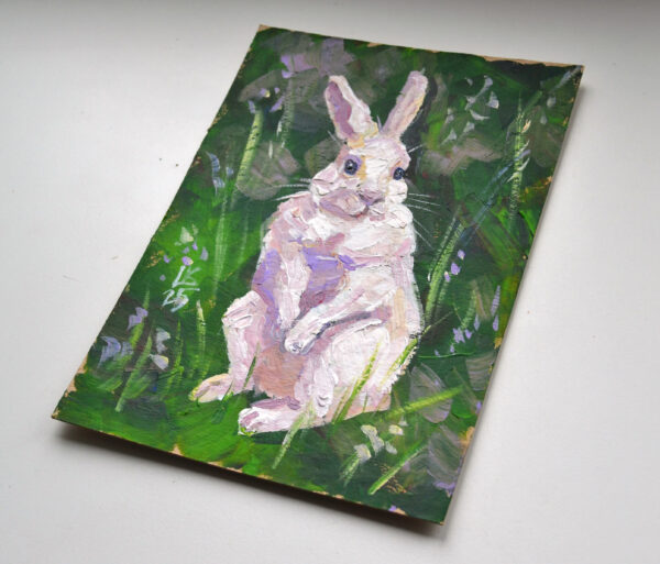 One-of-a-kind acrylic painting "Attentive White Rabbit in the Meadow" by Lada Kholosho (2025). Perfect for wildlife art lovers and collectors. Ships worldwide.