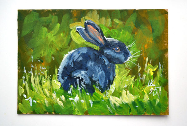 One-of-a-kind acrylic painting "Black Rabbit in Sunlit Grass" by Lada Kholosho (2025). Perfect for wildlife art lovers and collectors. Ships worldwide.