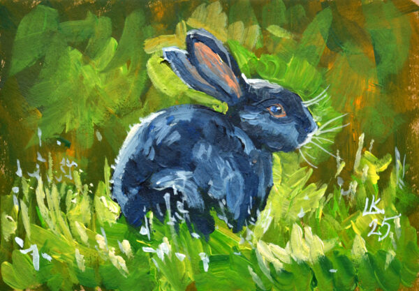 One-of-a-kind acrylic painting "Black Rabbit in Sunlit Grass" by Lada Kholosho (2025). Perfect for wildlife art lovers and collectors. Ships worldwide.