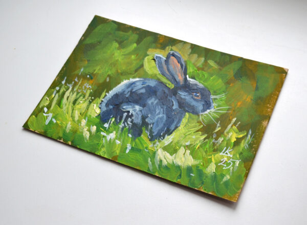 Black Rabbit in Sunlit Grass. Acrylic on cardboard. - Image 6