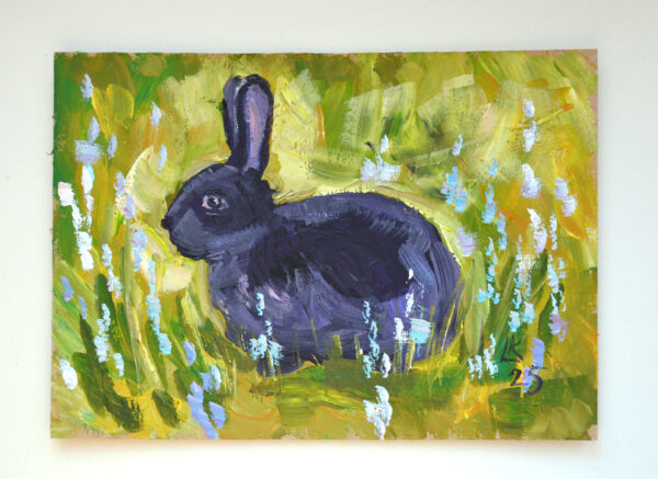 One-of-a-kind acrylic painting "Midnight Rabbit in Bloom" by Lada Kholosho (2025). Perfect for wildlife art lovers and collectors. Ships worldwide.