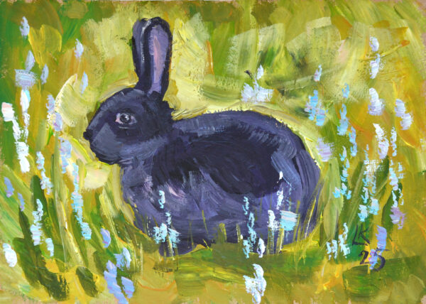 One-of-a-kind acrylic painting "Midnight Rabbit in Bloom" by Lada Kholosho (2025). Perfect for wildlife art lovers and collectors. Ships worldwide.