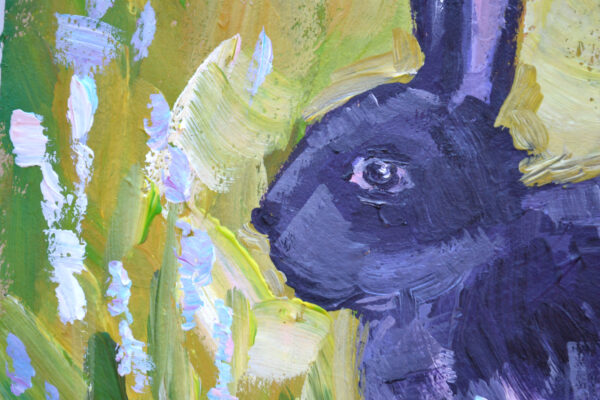 One-of-a-kind acrylic painting "Midnight Rabbit in Bloom" by Lada Kholosho (2025). Perfect for wildlife art lovers and collectors. Ships worldwide.