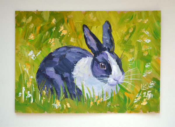 One-of-a-kind acrylic painting "Black and white bunny" by Lada Kholosho (2025). Perfect for wildlife art lovers and collectors. Ships worldwide.