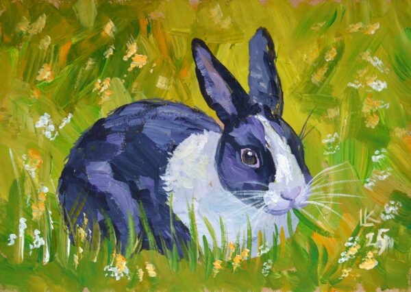 One-of-a-kind acrylic painting "Black and white bunny" by Lada Kholosho (2025). Perfect for wildlife art lovers and collectors. Ships worldwide.