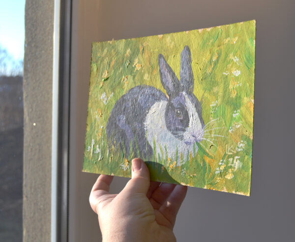 One-of-a-kind acrylic painting "Black and white bunny" by Lada Kholosho (2025). Perfect for wildlife art lovers and collectors. Ships worldwide.
