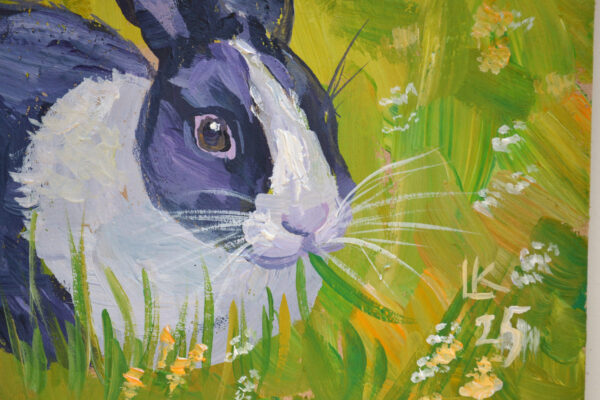 One-of-a-kind acrylic painting "Black and white bunny" by Lada Kholosho (2025). Perfect for wildlife art lovers and collectors. Ships worldwide.