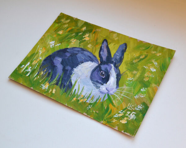 One-of-a-kind acrylic painting "Black and white bunny" by Lada Kholosho (2025). Perfect for wildlife art lovers and collectors. Ships worldwide.