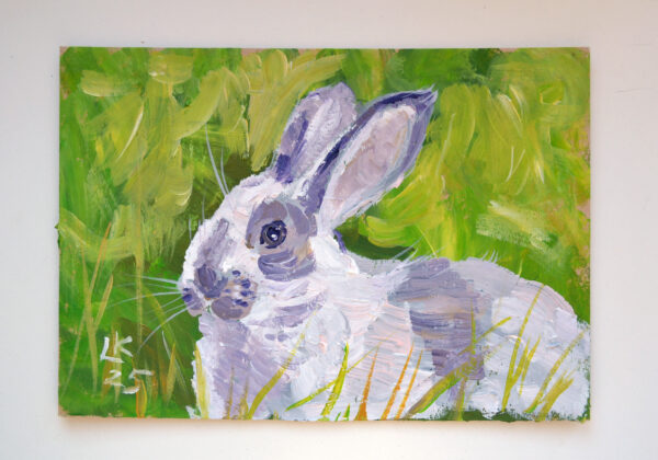 One-of-a-kind acrylic painting "White bunny portrait" by Lada Kholosho (2025). Charming and vibrant artwork featuring a rabbit in lush green foliage. Perfect for wildlife art lovers and collectors. Ships worldwide