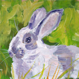 One-of-a-kind acrylic painting "White bunny portrait" by Lada Kholosho (2025). Charming and vibrant artwork featuring a rabbit in lush green foliage. Perfect for wildlife art lovers and collectors. Ships worldwide