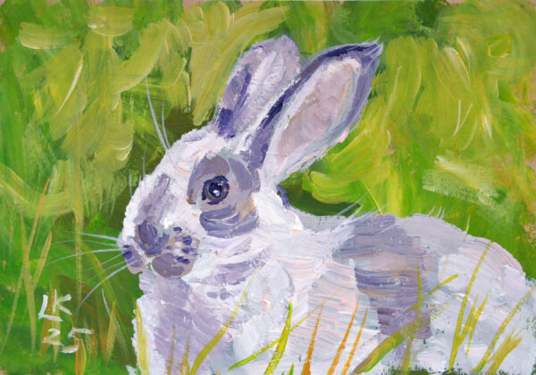 One-of-a-kind acrylic painting "White bunny portrait" by Lada Kholosho (2025). Charming and vibrant artwork featuring a rabbit in lush green foliage. Perfect for wildlife art lovers and collectors. Ships worldwide