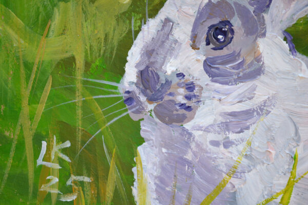 One-of-a-kind acrylic painting "White bunny portrait" by Lada Kholosho (2025). Charming and vibrant artwork featuring a rabbit in lush green foliage. Perfect for wildlife art lovers and collectors. Ships worldwide