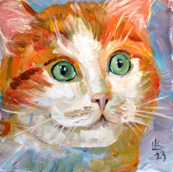 Original oil painting of a calico cat by Lada Kholosho. One-of-a-kind 25x25 cm artwork on canvas board, signed and includes a certificate of authenticity. Unframed, 2023.