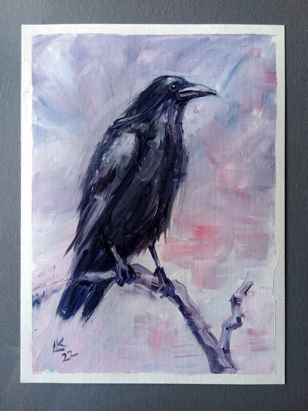 Expressive oil painting of a raven by Lada Kholosho. Misty background, bold brushstrokes. One-of-a-kind, signed, ships worldwide.