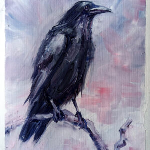 Expressive oil painting of a raven by Lada Kholosho. Misty background, bold brushstrokes. One-of-a-kind, signed, ships worldwide.