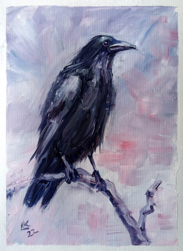 Expressive oil painting of a raven by Lada Kholosho. Misty background, bold brushstrokes. One-of-a-kind, signed, ships worldwide.