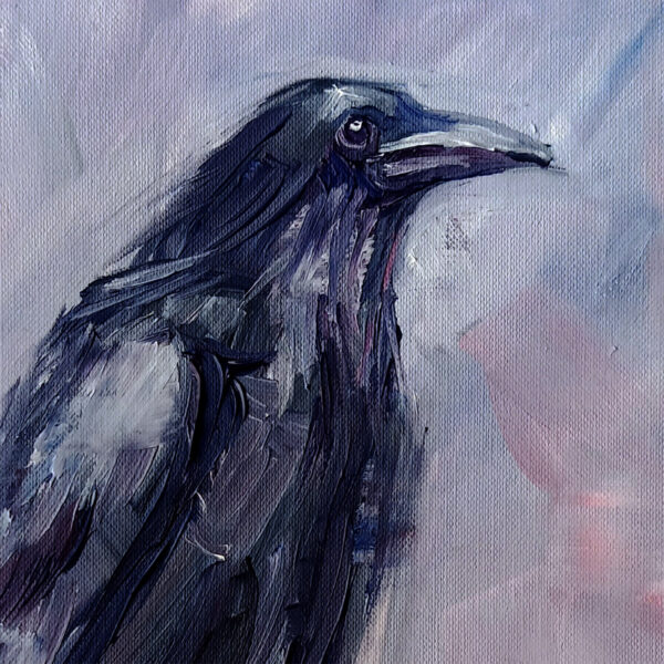 Expressive oil painting of a raven by Lada Kholosho. Misty background, bold brushstrokes. One-of-a-kind, signed, ships worldwide.