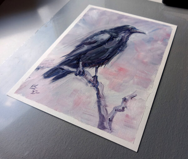 Expressive oil painting of a raven by Lada Kholosho. Misty background, bold brushstrokes. One-of-a-kind, signed, ships worldwide.