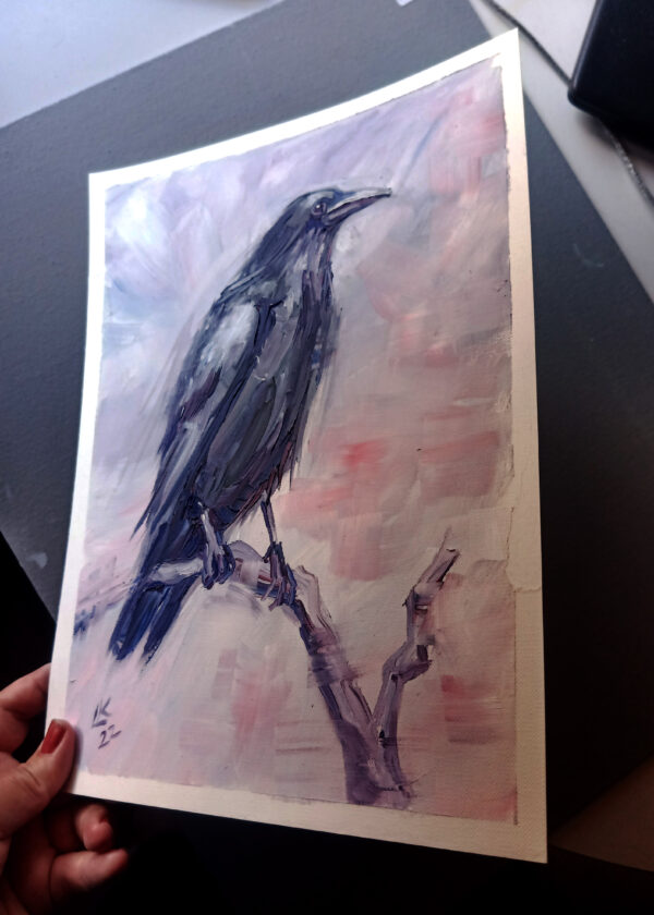 Expressive oil painting of a raven by Lada Kholosho. Misty background, bold brushstrokes. One-of-a-kind, signed, ships worldwide.