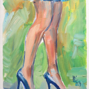 Expressive oil painting by Lada Kholosho: graceful legs in blue heels, vibrant brushstrokes, dynamic contrast. Unique figurative art. One-of-a-kind artwork.