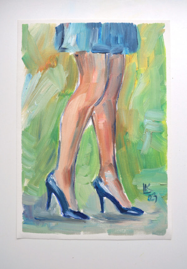 Expressive oil painting by Lada Kholosho: graceful legs in blue heels, vibrant brushstrokes, dynamic contrast. Unique figurative art. One-of-a-kind artwork.