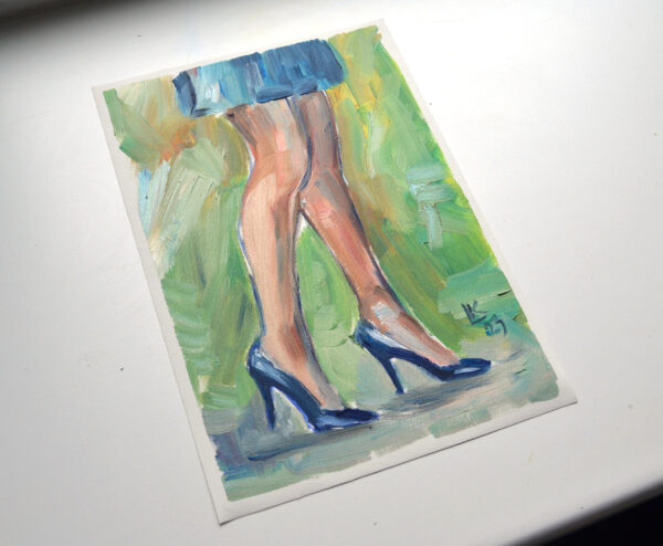 Expressive oil painting by Lada Kholosho: graceful legs in blue heels, vibrant brushstrokes, dynamic contrast. Unique figurative art. One-of-a-kind artwork.