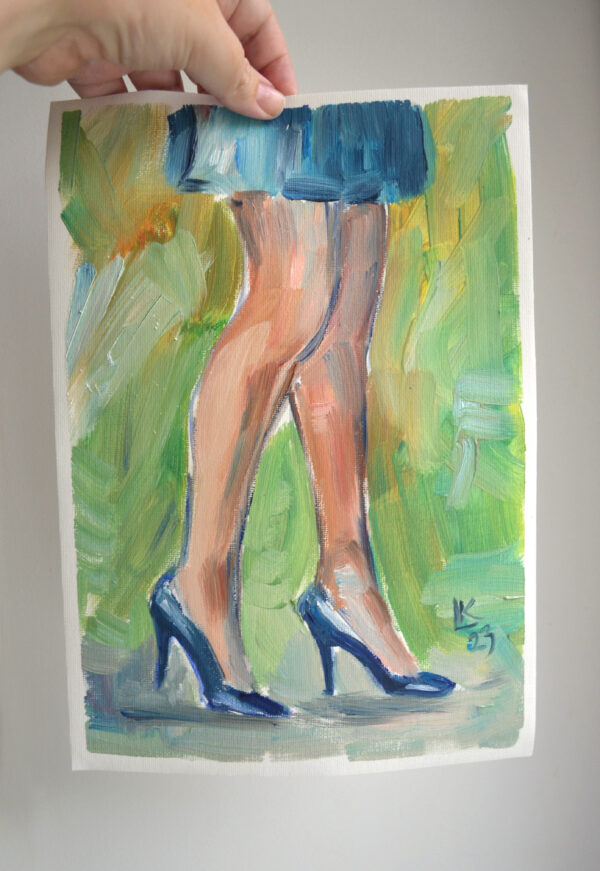 Expressive oil painting by Lada Kholosho: graceful legs in blue heels, vibrant brushstrokes, dynamic contrast. Unique figurative art. One-of-a-kind artwork.